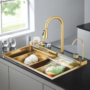Kit tarja cascada premium 75x45cm, dorado | Acero Inoxidable