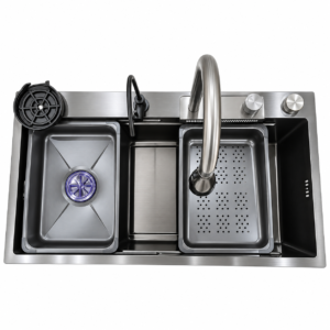 Kit tarja 80x45 cm con cascada premium, negro mate | Acero Inoxidable